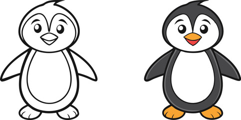 Cute Penguin Coloring Page Outline and Colored Version