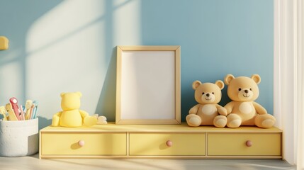 Sunny room, yellow shelf, teddy bears, blank frame, mockup