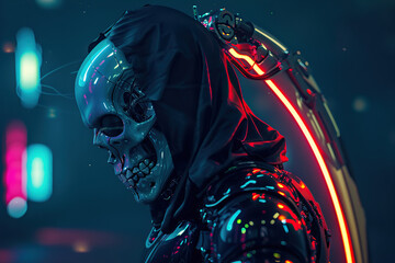 Scary grim reaper with sharp scythe in hell with dark dramatic color, abstract vivid composition consists of fictional unreal fantastic vision on background