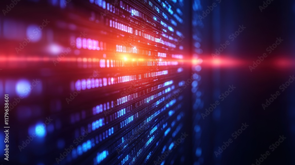Poster illuminated computer screen bathed in red light creating a mysterious and intense atmosphere in a da