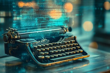  A vintage typewriter combined with futuristic holographic digital interfaces, blending classic design with modern technology in a creative and visually stunning concept.