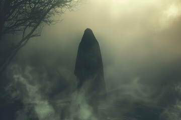 Scary grim reaper with sharp scythe in hell with dark dramatic color, abstract vivid composition consists of fictional unreal fantastic vision on background