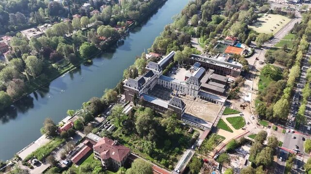 Drone shot of the Valentino Castle in Valentino Park in Turin, Italy