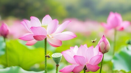 Pink lotus flowers, bees, pond, summer. Nature background.