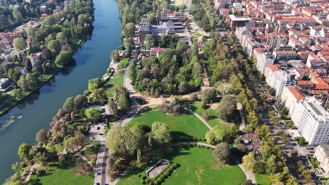 Aerial view of Valentino Park (Parco del Valentino) in Turin, Italy
