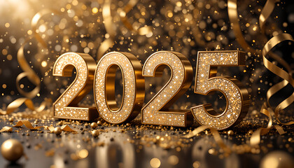 Sparkling 2025 3d text New Year Gold Glitter - Luxury