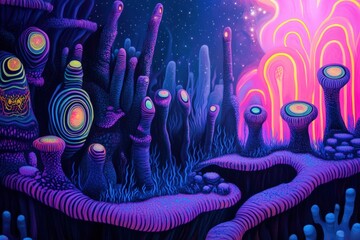 Fototapeta premium Surreal sci-fi poster, abstract alien worlds, distorted landscapes, and vibrant neon colors for a dreamlike effect
