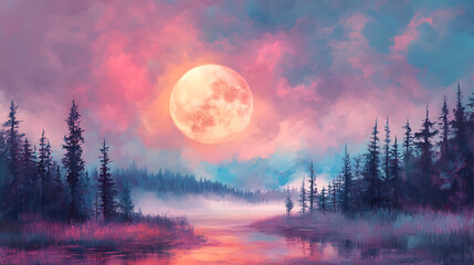 Fototapeta premium A serene landscape featuring a large moon, misty water, and silhouetted trees at twilight.