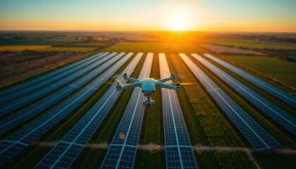 Drone Inspection of Solar Farm at Sunset