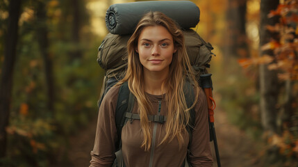 A woman hiker waist-up, her rugged backpack overloaded with camping gear. A rolled sleeping mat is strapped to the top as she pauses on a forest trail, the warm hues of autumn leav