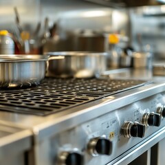 Industrial Stainless Steel Kitchen Hood in Busy Restaurant Setting with Blurred Background of Utensils