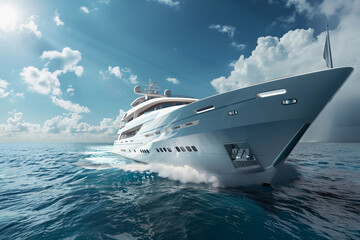 Luxury private big motor yacht in tropical sea with soft blue wave, abstract vivid composition consists of fictional unreal fantastic vision on background