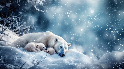 Polar bear family rests in snowy Arctic winter. Wildlife conservation image.