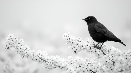 A bird sitting on a flowering branch, on a white background. Image in black and white.  