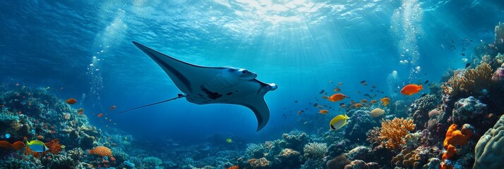 Sunlight filtering through crystal clear water highlights a vibrant coral reef, with a majestic giant oceanic manta ray gliding gracefully above colorful fish