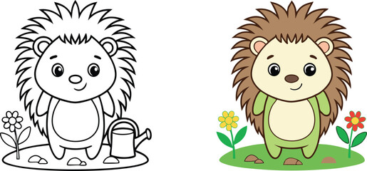Cute Hedgehog Coloring Page Garden, Watering Can, Flowers
