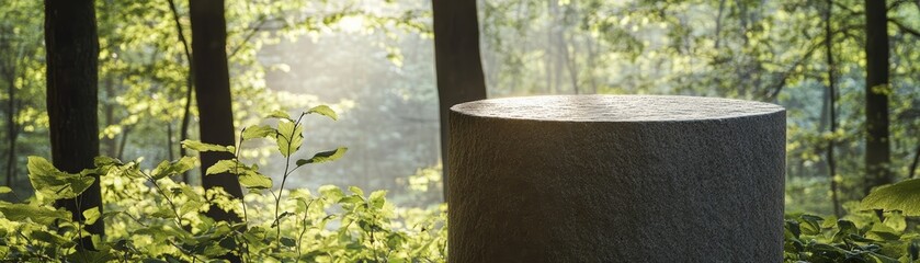 Tree stump in serene forest setting with sunlight.