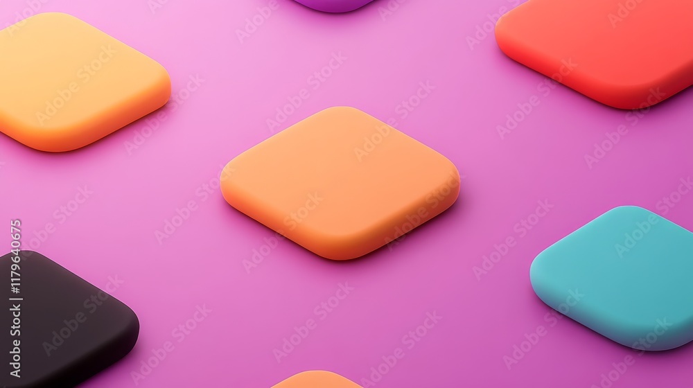 Poster a vibrant arrangement of colorful square shapes on a smooth pink background, creating a playful and 