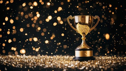 Golden trophy shines brightly surrounded by sparkling particles during a celebratory event at night