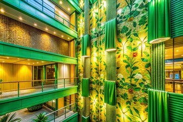 Fototapeta premium Green Yellow White Shiny Fabric Background Wallpaper - Elegant Architectural Photography