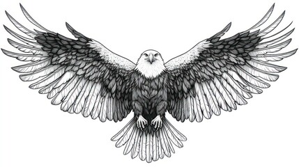 Obraz premium Majestic bald eagle with wings spread wide, detailed pencil sketch.