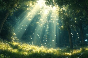 mystical woodland forest scene in anime style with ethereal light rays filtering through ancient trees and magical floating particles