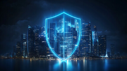 Fototapeta premium A futuristic city skyline with a glowing digital shield symbolizing protection and security.