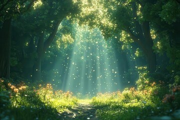 mystical woodland forest scene in anime style with ethereal light rays filtering through ancient trees and magical floating particles