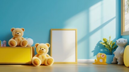 Sunny kids room, teddy bears, poster mock-up, toys, interior design