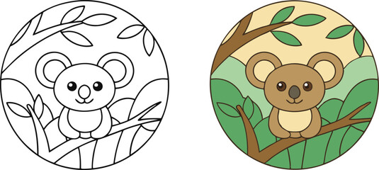 Koala Coloring Page Aussie Animal in Tree, Cute Cartoon