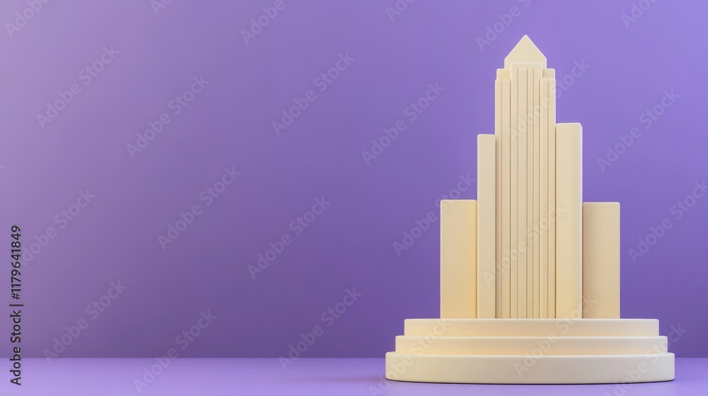 Poster a minimalist architectural model of a skyscraper in cream color against a purple background, emphasi