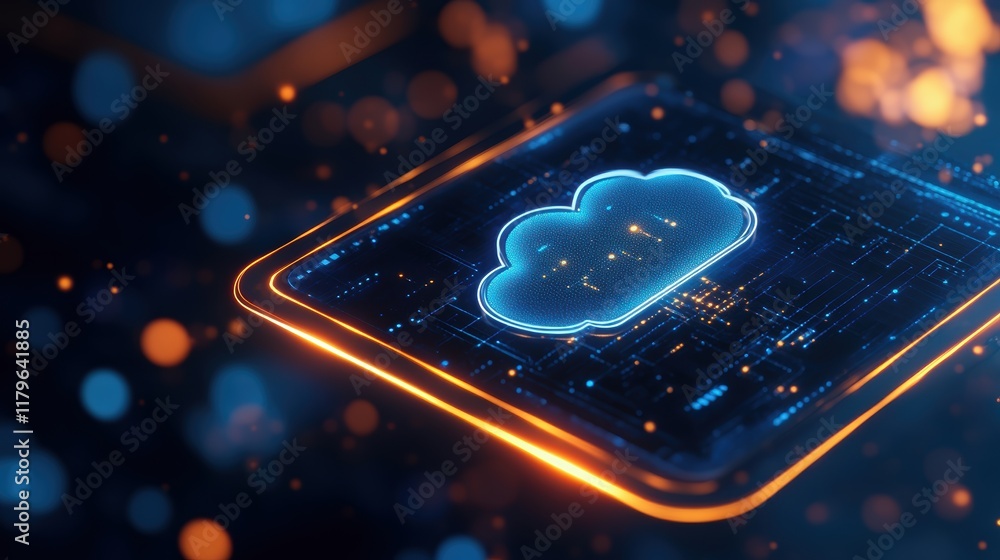 Poster cloud computing icon displayed on computer screen representing digital technology and modern connect