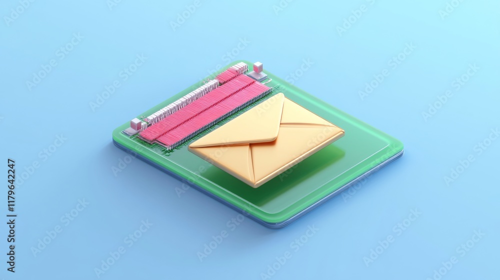 Poster a digital illustration of a circuit board featuring an envelope, symbolizing electronic communicatio