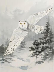 Obraz premium Snowy owl with piercing yellow eyes gracefully gliding over a tranquil snowy landscape under soft morning light