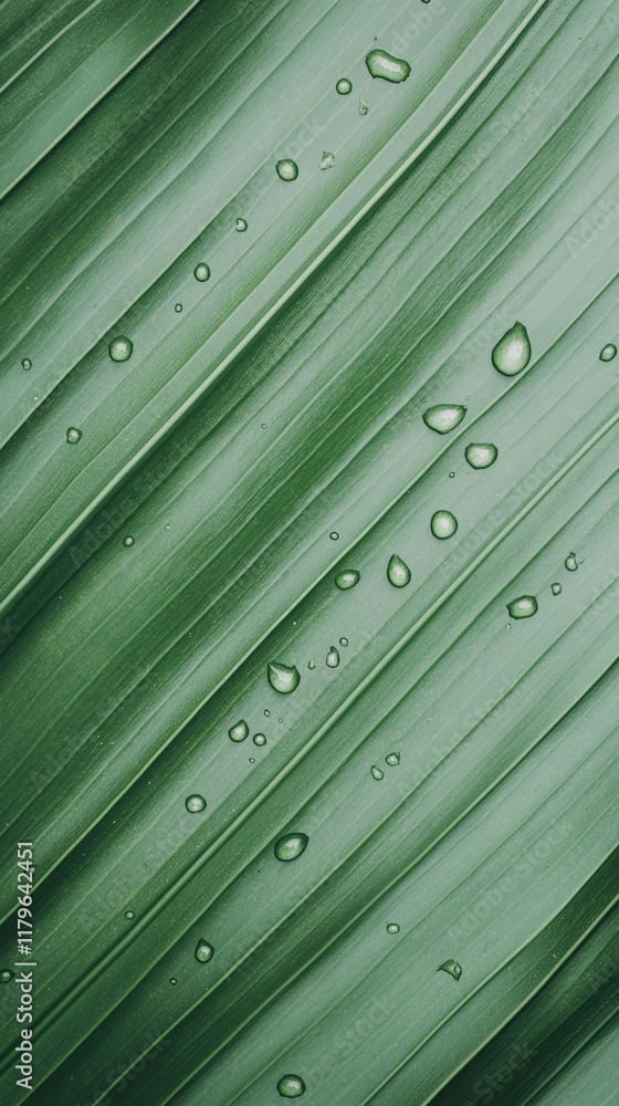 Poster Sparkling water droplets rest on the surface of a vibrant green leaf, creating a mesmerizing display of nature's beauty after a refreshing rain