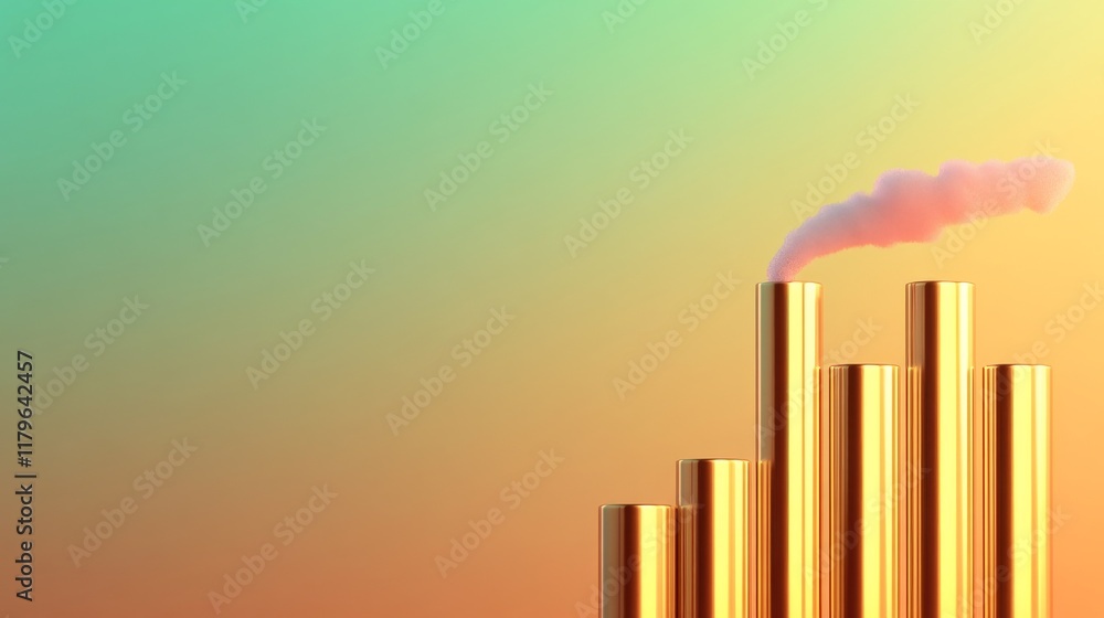 Poster a colorful abstract image featuring vertical bars resembling a skyline with smoke rising, set agains