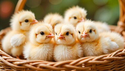 Cute fluffy chicks sitting together in a wicker basket