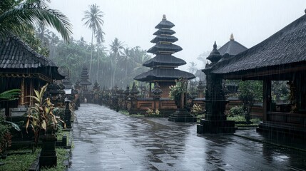 Obraz premium Rainy day at Balinese temple; lush green background. Use Travel brochure.