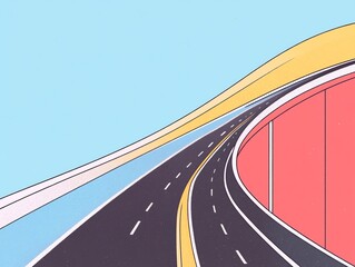 Vibrant Vector Illustration: A Smoothly Curving Highway Against a Pastel Sky. AI Generated