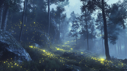 A serene forest path illuminated by glowing fireflies in a misty atmosphere.