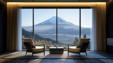 Fototapeta premium A tranquil space with two modern chairs and a breathtaking mountain view through a large window, creating a peaceful and sophisticated atmosphere.