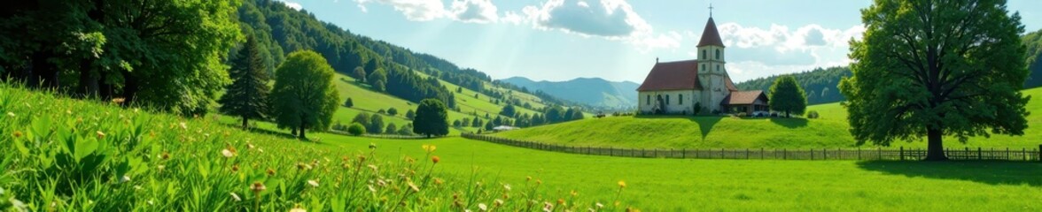 Obraz premium Lush greenery and historic church in rural setting , limousin, forest, chapel