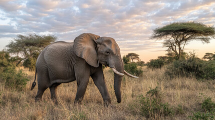 Fototapeta premium Stunning elephant walking through African savanna at sunset