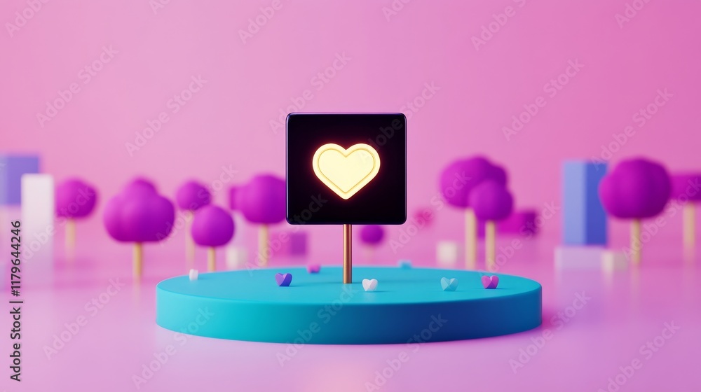 Poster a vibrant digital scene featuring a heart symbol on a display, surrounded by stylized trees and geom