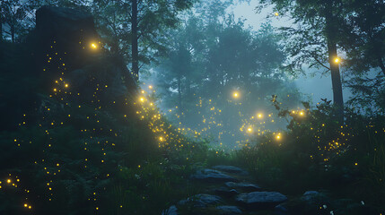 Obraz premium A mystical forest scene illuminated by glowing fireflies amidst fog and lush greenery.