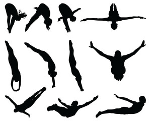 Black silhouettes of jumping people into the water, on a white background	