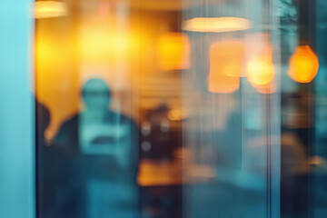 Blurred people in office with warm lighting creating cozy atmosphere