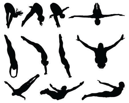 Black silhouettes of jumping people into the water, on a white background	