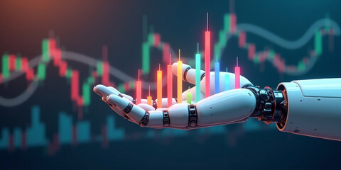 The forex market trading chart is on the robot's arm