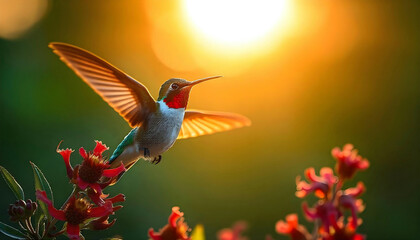 Fototapeta premium A hummingbird with a long beak hovering near a red flower against a blurred green background